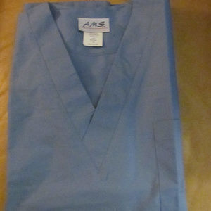 5 Blue AMS Scrub Tops Sz SMALL V-neck Chest Pocket